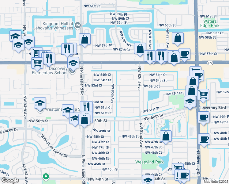 map of restaurants, bars, coffee shops, grocery stores, and more near 5250 Northwest 85th Avenue in Lauderhill