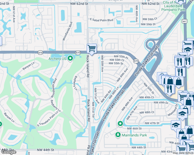 map of restaurants, bars, coffee shops, grocery stores, and more near 5205 Northwest 50th Terrace in Tamarac