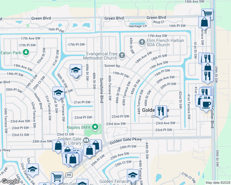 map of restaurants, bars, coffee shops, grocery stores, and more near 2085 46th Street Southwest in Naples