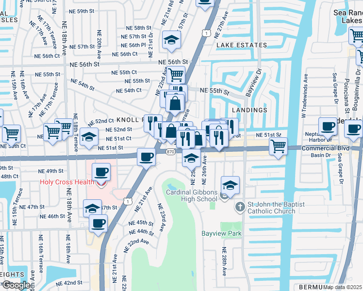 map of restaurants, bars, coffee shops, grocery stores, and more near 2477 East Commercial Boulevard in Fort Lauderdale
