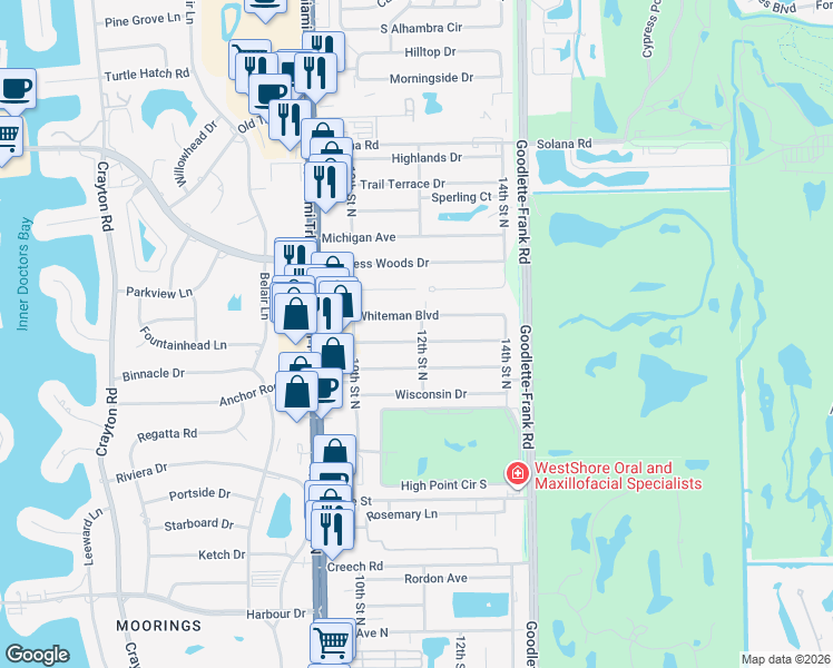 map of restaurants, bars, coffee shops, grocery stores, and more near 1141 Cooper Drive in Naples