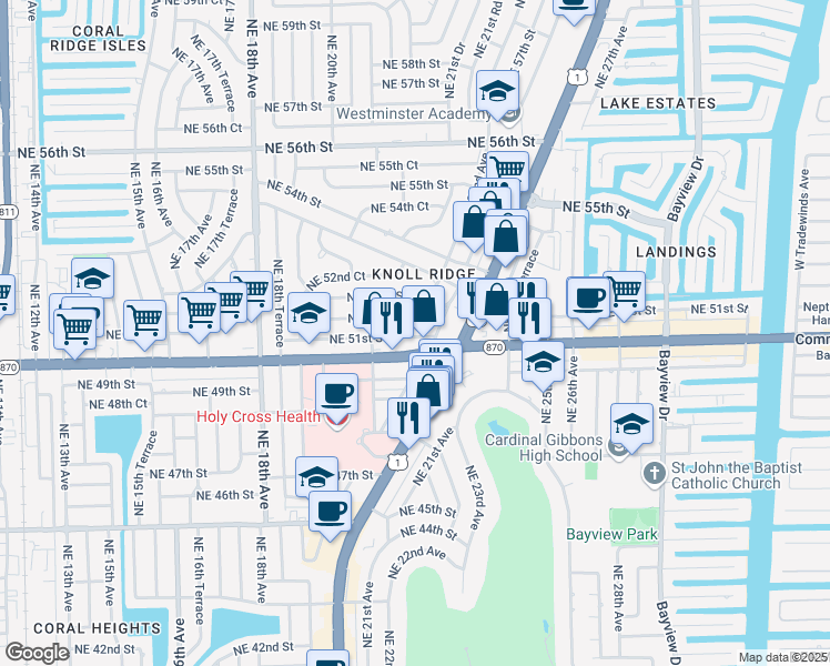 map of restaurants, bars, coffee shops, grocery stores, and more near c30 Northeast 51st Street in Fort Lauderdale
