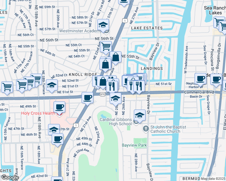 map of restaurants, bars, coffee shops, grocery stores, and more near 2477 E Commercial Blvd in Fort Lauderdale