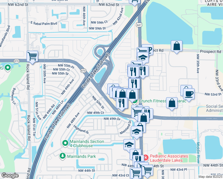 map of restaurants, bars, coffee shops, grocery stores, and more near 4545 Treehouse Lane in Tamarac