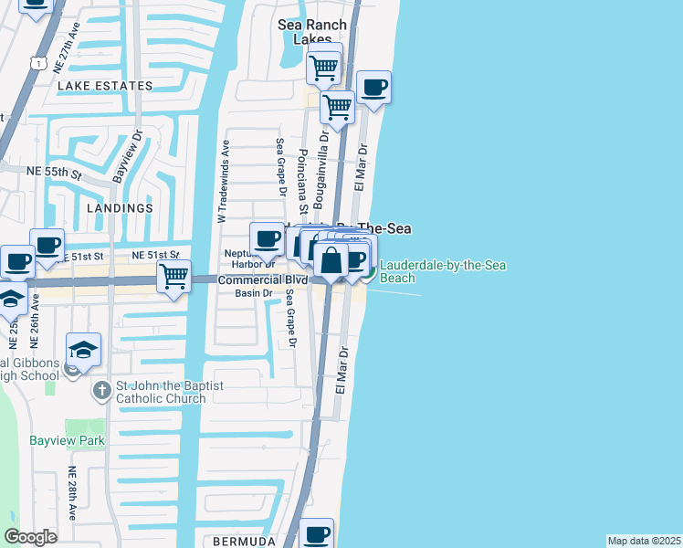 map of restaurants, bars, coffee shops, grocery stores, and more near 107 Commercial Boulevard in Lauderdale-by-the-Sea