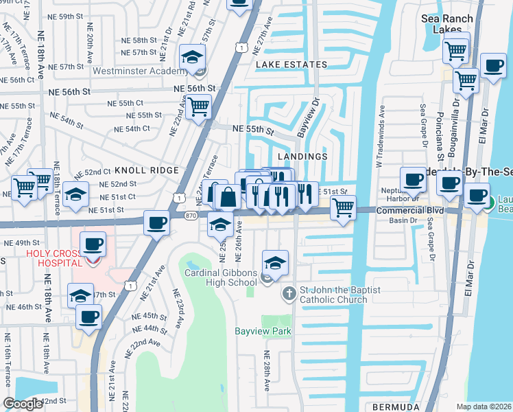 map of restaurants, bars, coffee shops, grocery stores, and more near 2713 East Commercial Boulevard in Fort Lauderdale