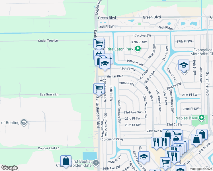 map of restaurants, bars, coffee shops, grocery stores, and more near 2073 55th Terrace Southwest in Naples