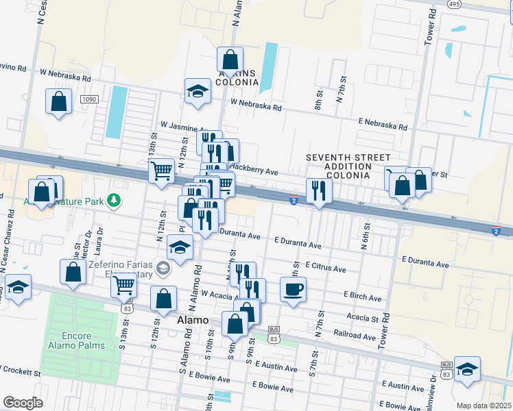 map of restaurants, bars, coffee shops, grocery stores, and more near 1001 U.S. 83 Frontage Road in Alamo