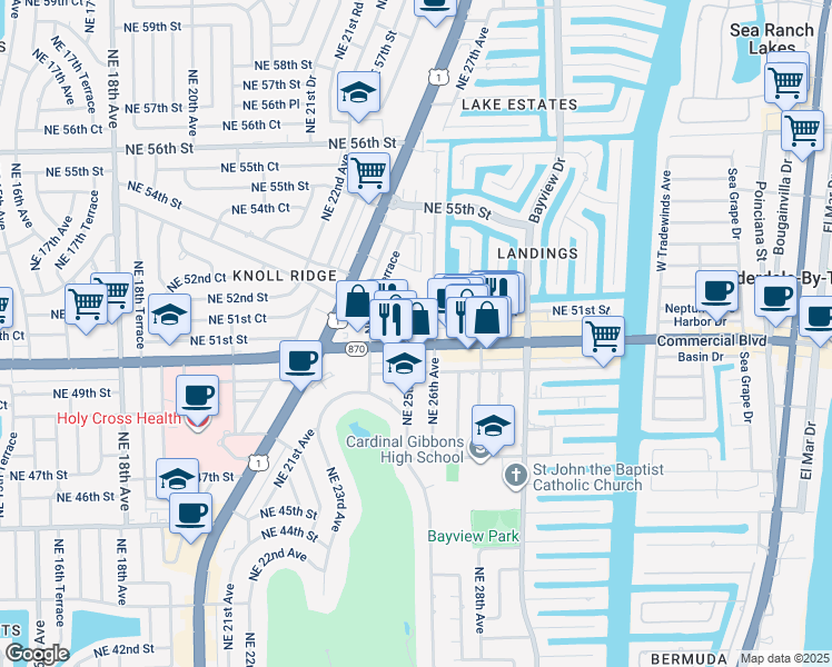 map of restaurants, bars, coffee shops, grocery stores, and more near 2521 Florida 870 in Fort Lauderdale