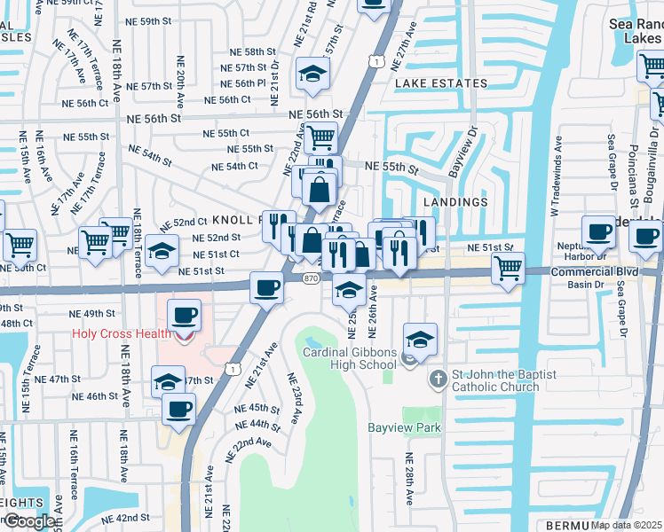 map of restaurants, bars, coffee shops, grocery stores, and more near 2477 East Commercial Boulevard in Fort Lauderdale