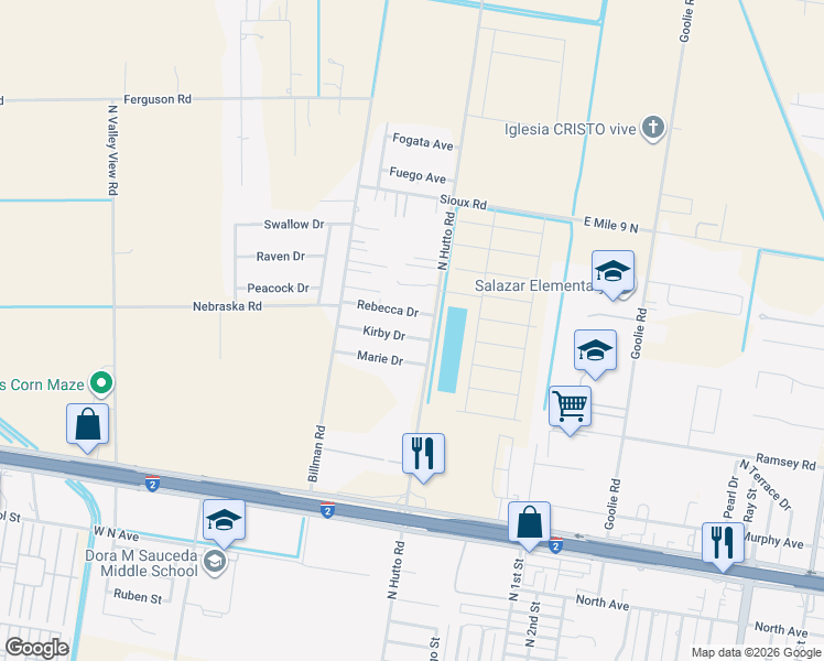 map of restaurants, bars, coffee shops, grocery stores, and more near 512 Kirby Drive in Donna