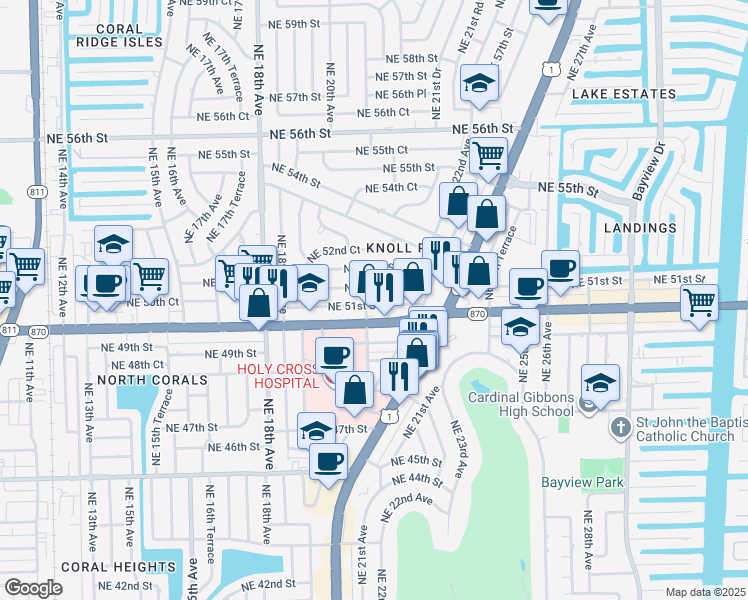 map of restaurants, bars, coffee shops, grocery stores, and more near 2101 Northeast 51st Street in Fort Lauderdale