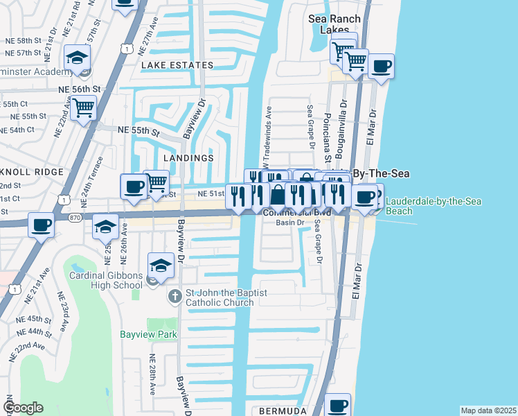 map of restaurants, bars, coffee shops, grocery stores, and more near 265a Harbor Drive in Lauderdale-by-the-Sea
