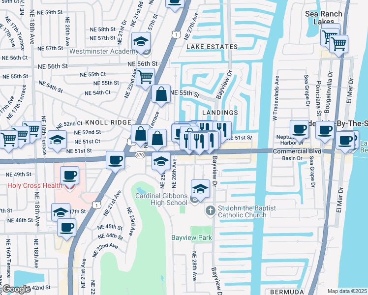 map of restaurants, bars, coffee shops, grocery stores, and more near 2713 East Commercial Boulevard in Fort Lauderdale