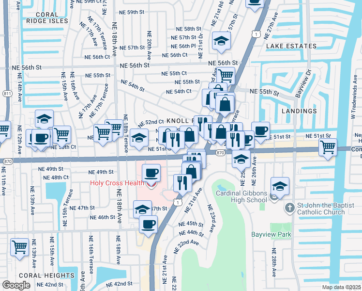 map of restaurants, bars, coffee shops, grocery stores, and more near c30 Northeast 51st Street in Fort Lauderdale