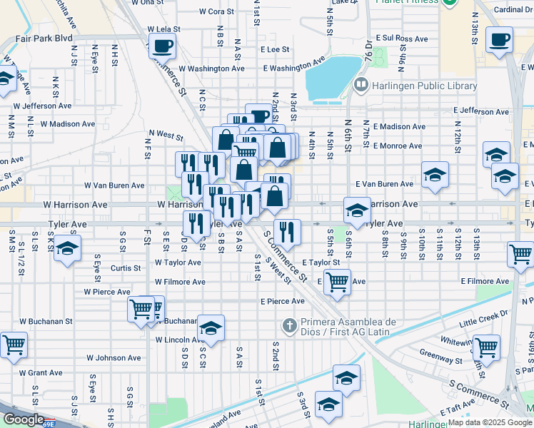 map of restaurants, bars, coffee shops, grocery stores, and more near 118 East Harrison Avenue in Harlingen