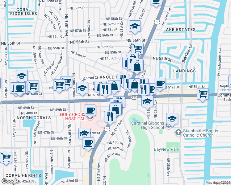map of restaurants, bars, coffee shops, grocery stores, and more near 2255 Northeast 51st Street in Fort Lauderdale