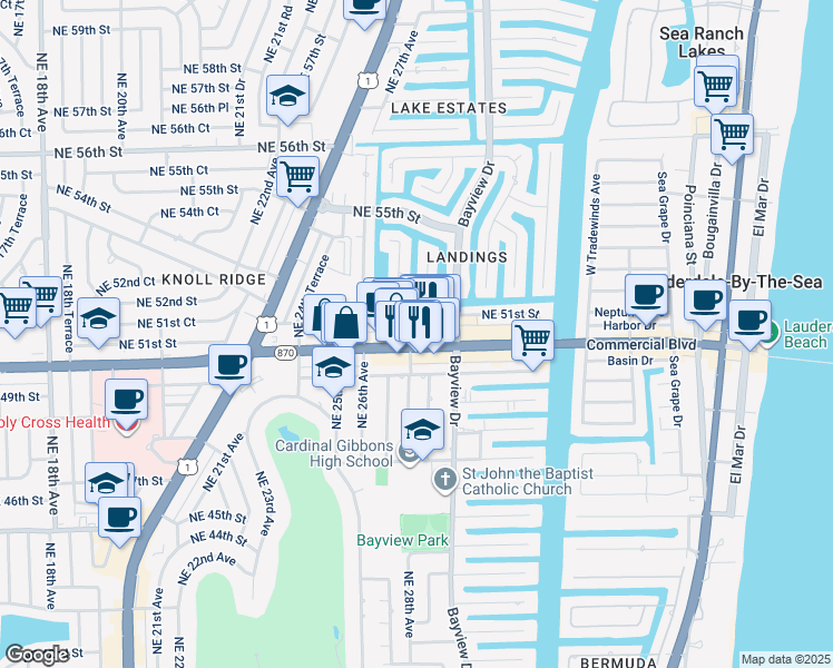 map of restaurants, bars, coffee shops, grocery stores, and more near 2713 East Commercial Boulevard in Fort Lauderdale