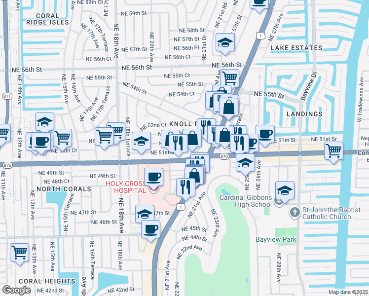 map of restaurants, bars, coffee shops, grocery stores, and more near c30 Northeast 51st Street in Fort Lauderdale