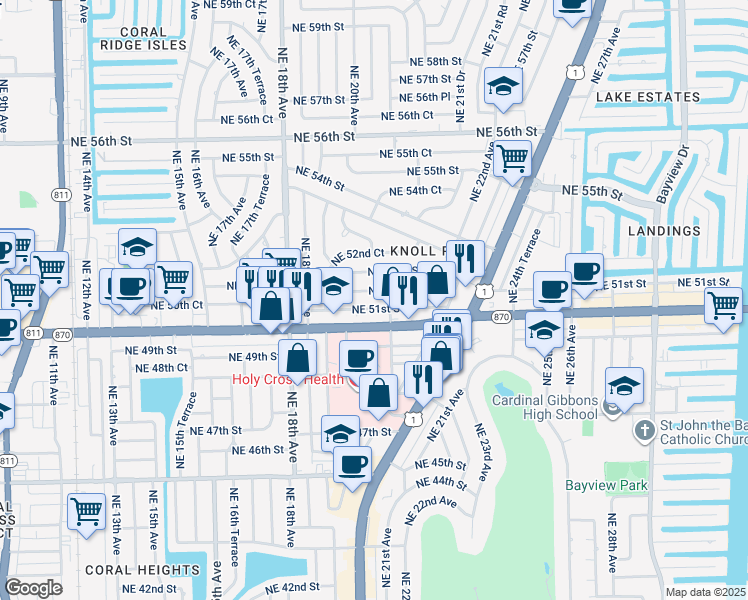 map of restaurants, bars, coffee shops, grocery stores, and more near 1941 Northeast 51st Street in Fort Lauderdale