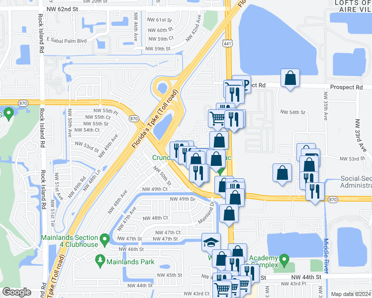 map of restaurants, bars, coffee shops, grocery stores, and more near 4545 Treehouse Lane in Tamarac