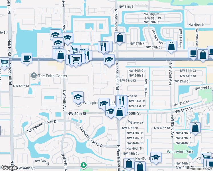 map of restaurants, bars, coffee shops, grocery stores, and more near 8928 Northwest 53rd Court in Sunrise