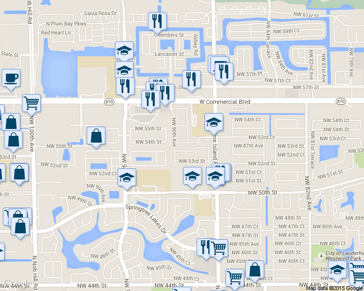 map of restaurants, bars, coffee shops, grocery stores, and more near 8985 Northwest 53rd Court in Sunrise