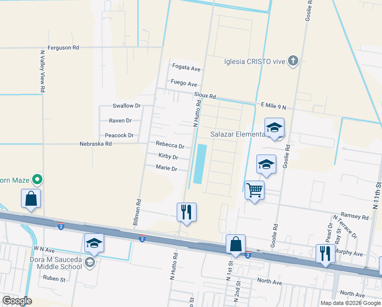 map of restaurants, bars, coffee shops, grocery stores, and more near 512 Kirby Drive in Donna