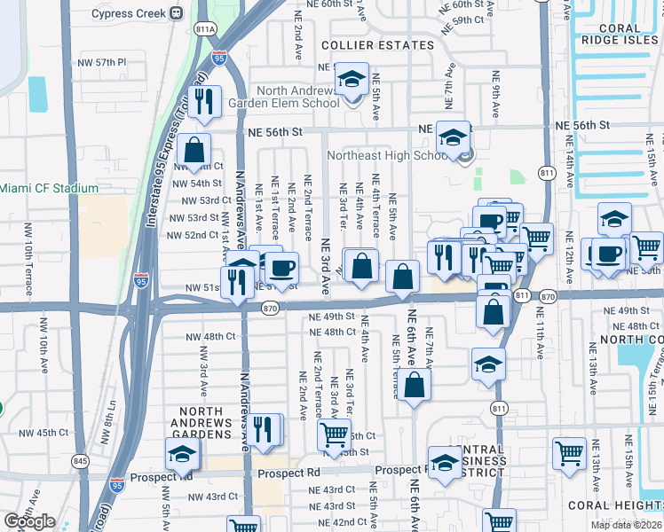 map of restaurants, bars, coffee shops, grocery stores, and more near 5124 Northeast 3rd Avenue in Fort Lauderdale