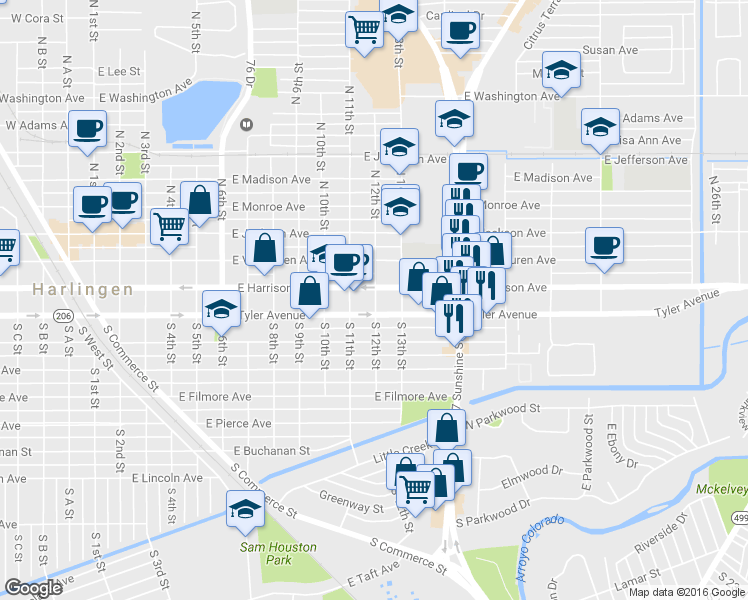 map of restaurants, bars, coffee shops, grocery stores, and more near 302 South 12th Street in Harlingen