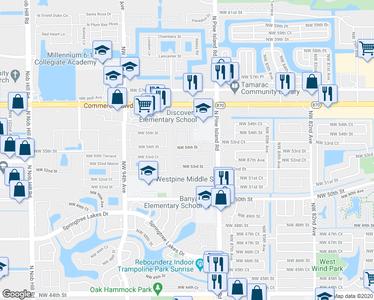 map of restaurants, bars, coffee shops, grocery stores, and more near 9000 Northwest 54th Street in Sunrise