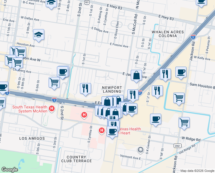 map of restaurants, bars, coffee shops, grocery stores, and more near 409 East Newport Lane in McAllen