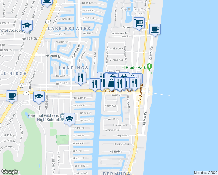 map of restaurants, bars, coffee shops, grocery stores, and more near 265a Harbor Drive in Lauderdale-by-the-Sea