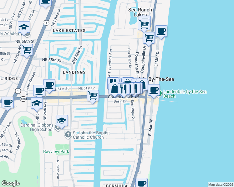 map of restaurants, bars, coffee shops, grocery stores, and more near in Lauderdale-by-the-Sea