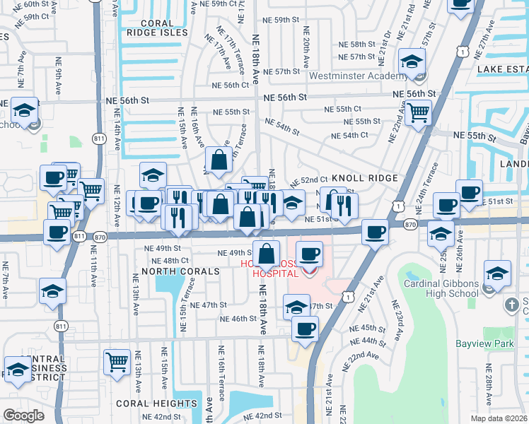 map of restaurants, bars, coffee shops, grocery stores, and more near 5110 Northeast 18th Avenue in Fort Lauderdale