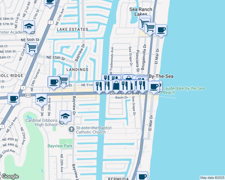map of restaurants, bars, coffee shops, grocery stores, and more near 275 Commercial Boulevard in Lauderdale-by-the-Sea