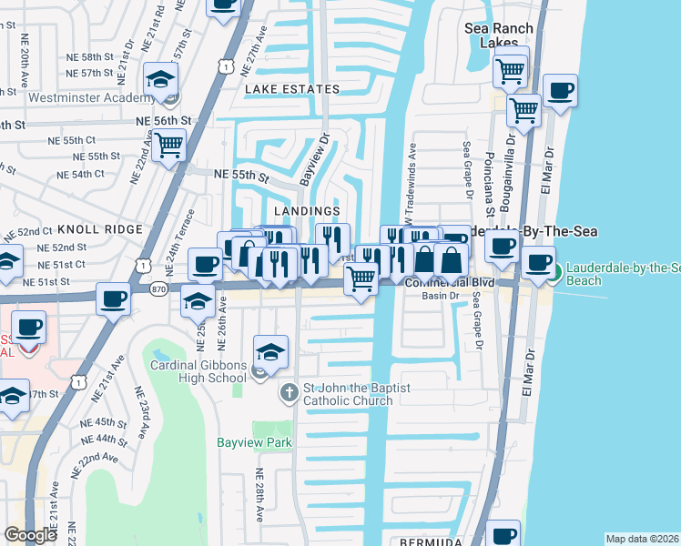 map of restaurants, bars, coffee shops, grocery stores, and more near in Oakland Park