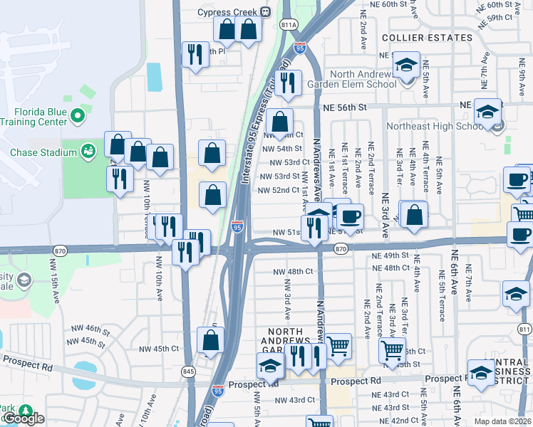 map of restaurants, bars, coffee shops, grocery stores, and more near 401 Northwest 51st Court in Fort Lauderdale