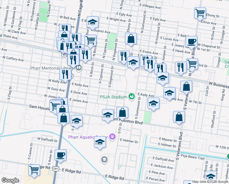 map of restaurants, bars, coffee shops, grocery stores, and more near 522 East Kelly Avenue in Pharr