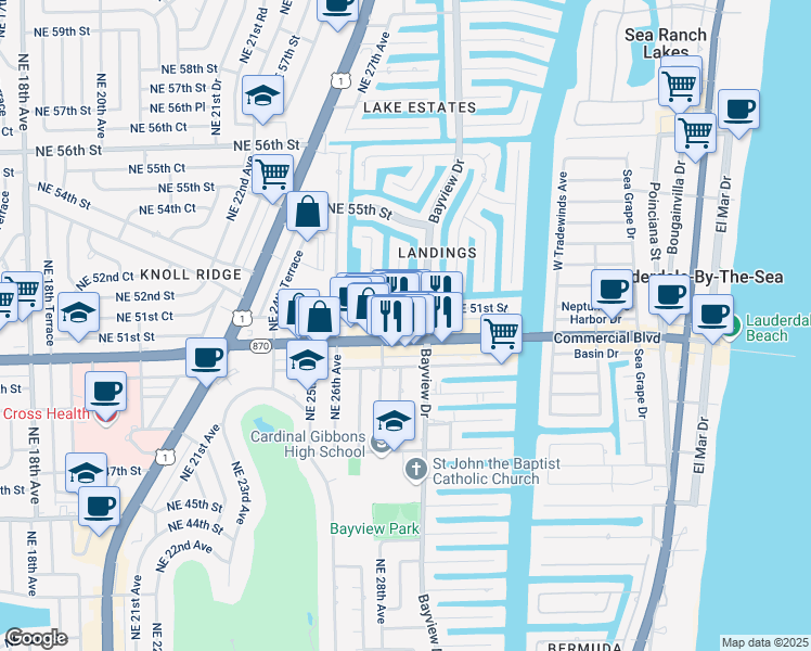 map of restaurants, bars, coffee shops, grocery stores, and more near in Fort Lauderdale