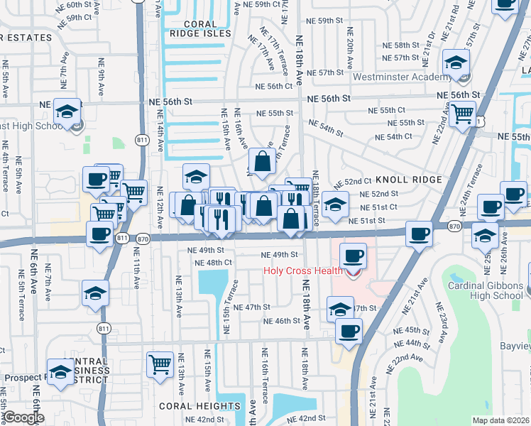 map of restaurants, bars, coffee shops, grocery stores, and more near 2 Northeast 50th Court in Fort Lauderdale
