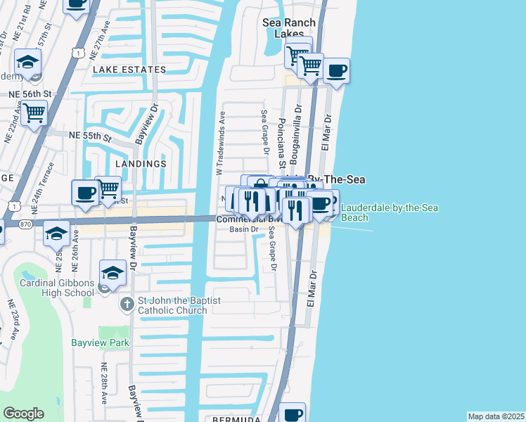 map of restaurants, bars, coffee shops, grocery stores, and more near 230 Commercial Boulevard in Lauderdale-by-the-Sea