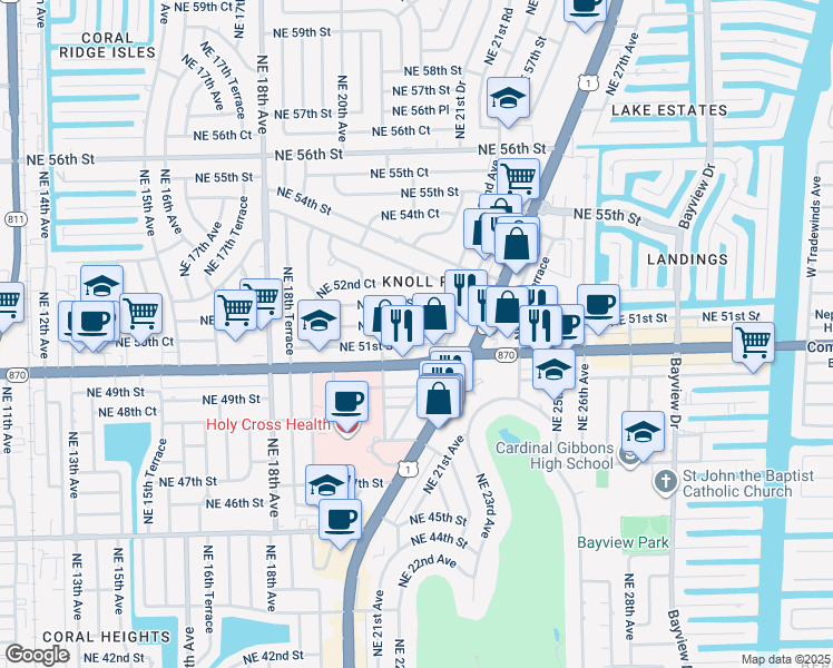 map of restaurants, bars, coffee shops, grocery stores, and more near c30 Northeast 51st Street in Fort Lauderdale
