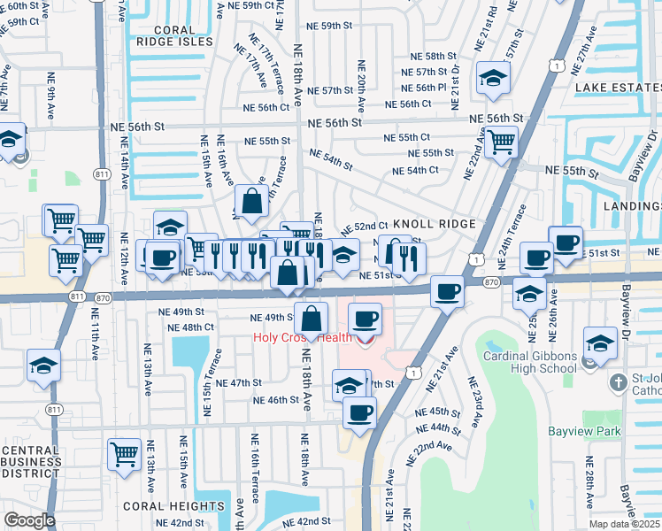 map of restaurants, bars, coffee shops, grocery stores, and more near 1901 Northeast 51st Street in Fort Lauderdale