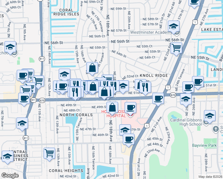 map of restaurants, bars, coffee shops, grocery stores, and more near 5110 Northeast 18th Avenue in Fort Lauderdale