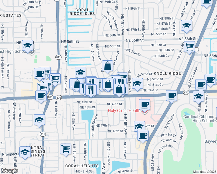 map of restaurants, bars, coffee shops, grocery stores, and more near 2 Northeast 50th Court in Fort Lauderdale