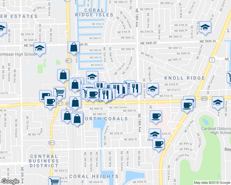 map of restaurants, bars, coffee shops, grocery stores, and more near 2 Northeast 50th Court in Fort Lauderdale