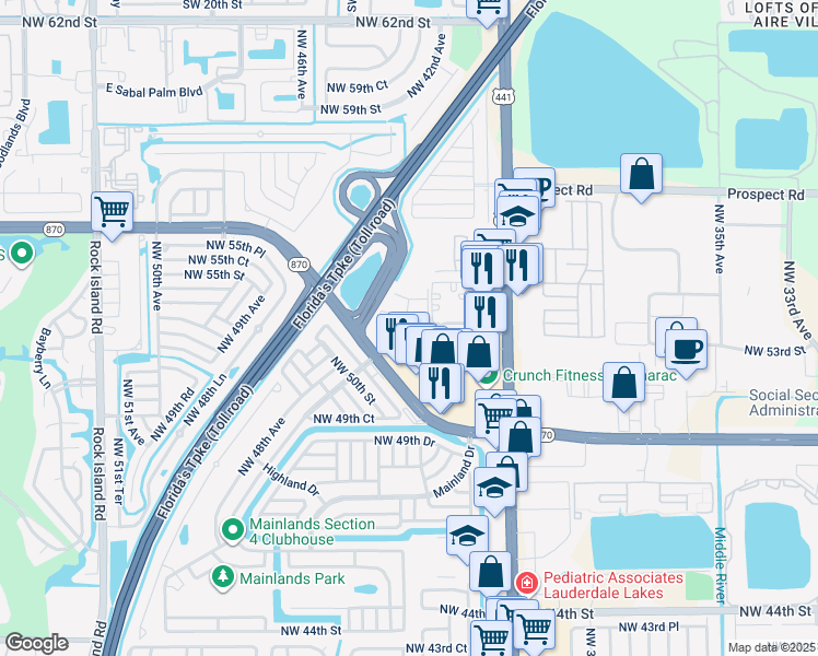 map of restaurants, bars, coffee shops, grocery stores, and more near 4545 Treehouse Lane in Tamarac