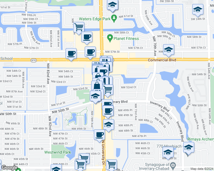 map of restaurants, bars, coffee shops, grocery stores, and more near 5344 North University Drive in Lauderhill