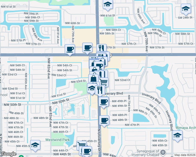 map of restaurants, bars, coffee shops, grocery stores, and more near 5344 North University Drive in Lauderhill